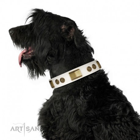 White Leather Dog Collar with Brass Decor - Vintage Trimness" Handcrafted by Artisan"