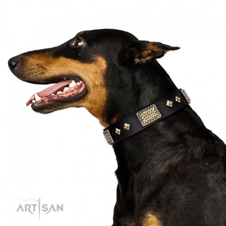 Black Leather Dog Collar with Plates - Vintage Style" Handcrafted by Artisan"