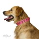 Decorated Pink Leather Dog Collar - "Embossed Elegance" Brass Decor by Artisan