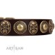 "Caribbean Treasures" FDT Artisan Brown Leather Dog Collar With Old-Bronze-Like Conchos And Medallions With Skulls