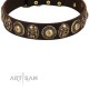 "Caribbean Treasures" FDT Artisan Brown Leather Dog Collar With Old-Bronze-Like Conchos And Medallions With Skulls