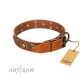 "Golden Epoch" FDT Artisan Tan Leather Dog Collar With Old Bronze-Plated Medallions And Conchos