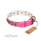 "Two Extremes" FDT Artisan Pink Leather Dog Collar With Elegant Conchos And Medallions With Skulls
