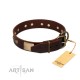 "Middle Age" FDT Artisan Brown Leather Dog Collar with Old Bronze-Plated Engraved Flowers and Large Plates