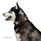 "Middle Age" FDT Artisan Brown Leather Dog Collar with Old Bronze-Plated Engraved Flowers and Large Plates