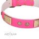 "Flower Parade" FDT Artisan Pink Leather Dog Collar with Plates and Studs