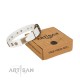 "Noble Impulse" FDT Artisan White Leather Dog Collar Adorned with Antique Plates and Studs