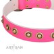 "Bright Delight" Pink FDT Artisan Leather Dog Collar with Large Old Bronze-like Plated Studs