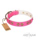 "Bright Delight" Pink FDT Artisan Leather Dog Collar with Large Old Bronze-like Plated Studs