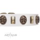 "Mystery of Times" FDT Artisan White Leather Dog Collar with Plates and Medallions with Skulls
