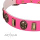 "Perilous Beauty" Pink FDT Artisan Leather Dog Collar with Small Plates and Skulls