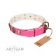 "Perilous Beauty" Pink FDT Artisan Leather Dog Collar with Small Plates and Skulls