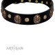 "Wild Spirit" FDT Artisan Black Leather Dog Collar with Gold-like Studs and Medallions with Skulls