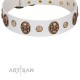 "Fatal Beauty" FDT Artisan White Leather Dog Collar with Old Bronze-like Studs and Oval Brooches