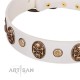 "Fatal Beauty" FDT Artisan White Leather Dog Collar with Old Bronze-like Studs and Oval Brooches