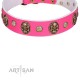 "Ms Pinky Fluff" FDT Artisan Pink Leather Dog Collar Adorned with Conchos and Medallions