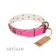 "Ms Pinky Fluff" FDT Artisan Pink Leather Dog Collar Adorned with Conchos and Medallions