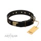 "Chicci-Glam" FDT Artisan Black Leather Dog Collar with Plates and Ornate Studs