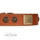 "Bronze Century" FDT Artisan Tan Leather Dog Collar with Plates and Brooches with Cool Ornament