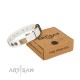 "Sweet Melody" FDT Artisan White Leather Dog Collar with Plates and Ornamented Studs