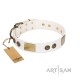 "Sweet Melody" FDT Artisan White Leather Dog Collar with Plates and Ornamented Studs