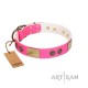 "Queen's Whim" FDT Artisan Fancy Walking Pink Leather Dog Collar Adorned with Old Bronze-like Plates and Studs