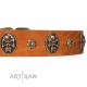 "Rockstar" FDT Artisan Tan Leather Dog Collar with Engraved Studs and Medallions