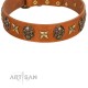 “Rockin’ Doggie” FDT Artisan Tan Leather Dog Collar Adorned with Stars and Skulls