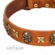 “Rockin’ Doggie” FDT Artisan Tan Leather Dog Collar Adorned with Stars and Skulls
