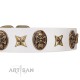 "Fads and Fancies" FDT Artisan White Leather Dog Collar with Stars and Skulls