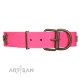 "Fashion Ecstasy" FDT Artisan Pink Leather Dog Collar with Bronze-like Plated Stars and Skulls