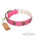 "Fashion Ecstasy" FDT Artisan Pink Leather Dog Collar with Bronze-like Plated Stars and Skulls