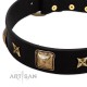 “Starry Harmony” FDT Artisan Black Leather Dog Collar with Squares and Stars for Comfortable Walking