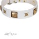 “Dog in White” FDT Artisan White Leather Dog Collar Adorned with Stars and Squares