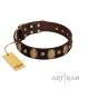 "Natural Grace" FDT Artisan Handmade Decorated Brown Leather Dog Collar