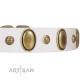"Milky Lagoon" FDT Artisan White Leather Collar with Vintage Looking Oval and Round Adornments