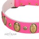 "Roseate Dawn" FDT Artisan Pink Leather Collar with Vintage Looking Oval and Round Adornments