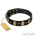 "Gilded Stones" FDT Artisan Brown Leather Dog Collar with Old Bronze-like Ovals and Studs - 1 1/2 inch (40 mm) wide