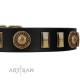 "Lion's Pride" FDT Artisan Black Leather Dog Collar with Ornate Conchos and Small Plates