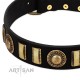 "Lion's Pride" FDT Artisan Black Leather Dog Collar with Ornate Conchos and Small Plates