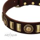 "City Call" FDT Artisan Adorned with Old Bronze-like Plates and Circles Brown Leather Dog Collar 1 1/2 inch (40 mm) Wide