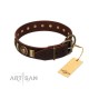 "City Call" FDT Artisan Adorned with Old Bronze-like Plates and Circles Brown Leather Dog Collar 1 1/2 inch (40 mm) Wide