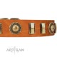 "Happy Hound" FDT Artisan Tan Leather Dog Collar with Elegant Decorations