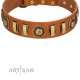 "Happy Hound" FDT Artisan Tan Leather Dog Collar with Elegant Decorations