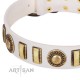 ﻿"Bowwow Finery" FDT Artisan White Leather Dog Collar with Gold-Like Embellishments