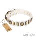 ﻿"Bowwow Finery" FDT Artisan White Leather Dog Collar with Gold-Like Embellishments