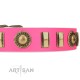 "La Femme" FDT Artisan Pink Leather Dog Collar with Ornate Brooches and Small Plates