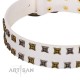 "Ice Peak" FDT Artisan White Leather Dog Collar with Silvery and Goldish Decorations