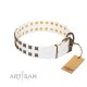 "Ice Peak" FDT Artisan White Leather Dog Collar with Silvery and Goldish Decorations