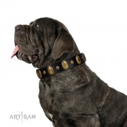 "Fashion Hymn" FDT Artisan Extravagant Leather Dog Collar with Old Bronze-Like Plated Decorations 1 1/2 inch (40 mm)